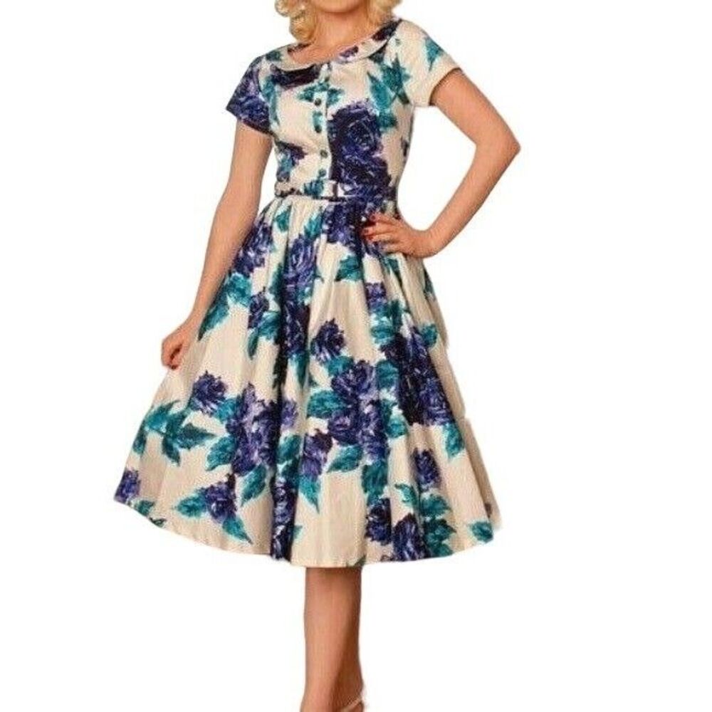 Pinup Couture 50s Retro Vintage Dee Dee Blue Floral Fit & Flare Dress Sz. XS NEW